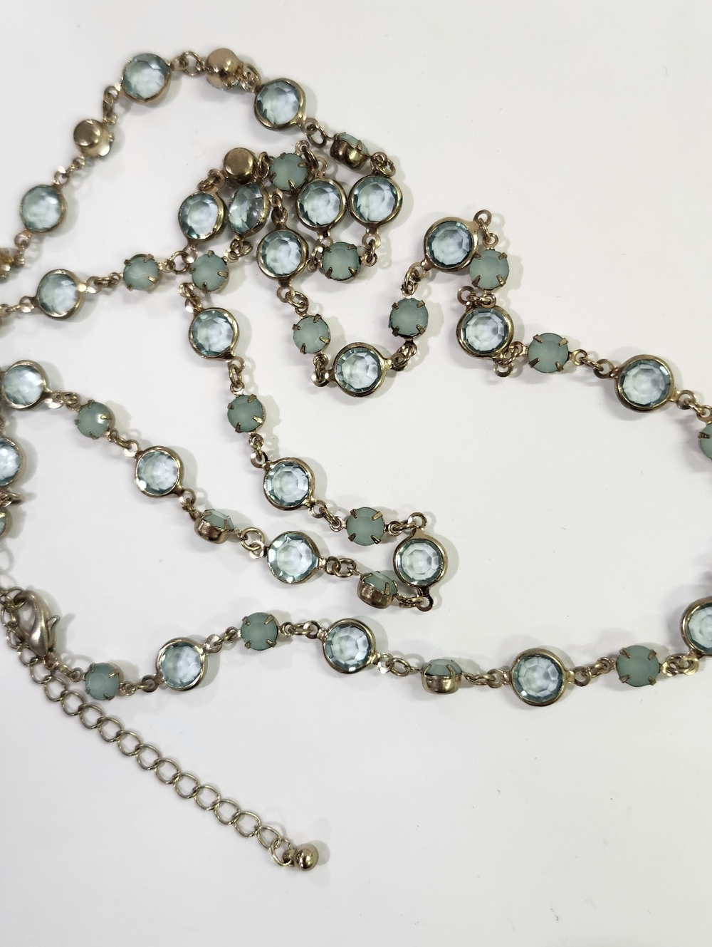 Vintage Avon Glass Faceted Bezel Set Aqua Blue Beaded Necklace. 32", 3" See Pics